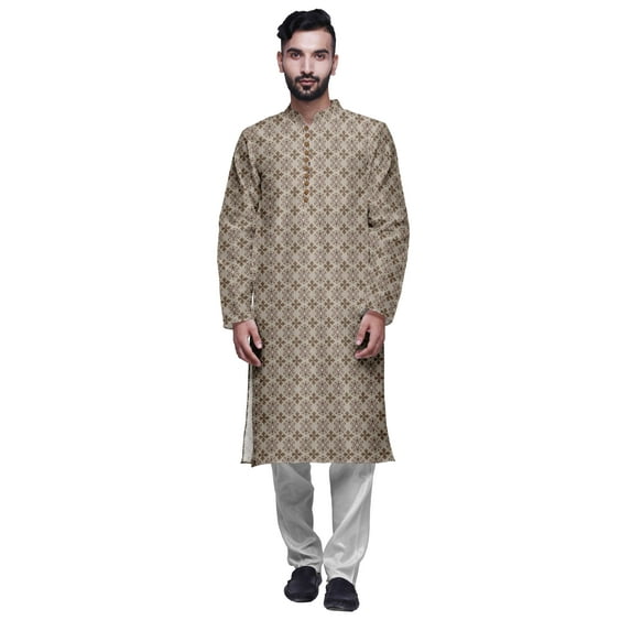 Atasi Mens Printed Modal Satin Indian Long Kurta With White Churidar Pajama Set