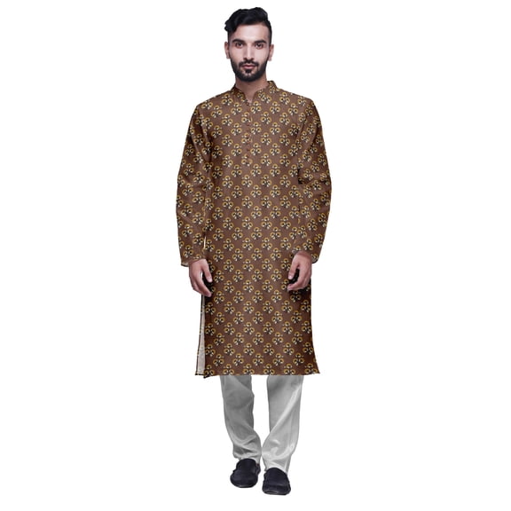 Atasi Mens Printed Modal Satin Indian Long Kurta With White Churidar Pajama Set
