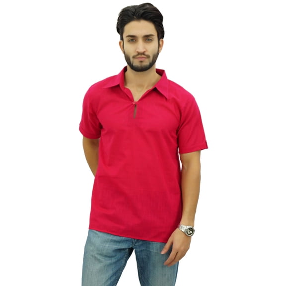 Atasi Mens Short Sleeve Fuschia Cotton Kurta Collar Shirt Tunic Casual Clothing-XXX-Large