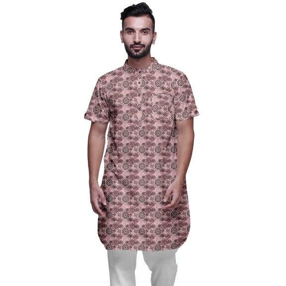 Atasi Mens Summer Kurta Shirt Printed Long Kurta Cotton Cambric Ethnic Shirt