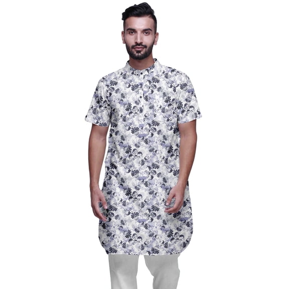 Atasi Mens Summer Kurta Shirt Printed Long Kurta Cotton Cambric Ethnic Shirt