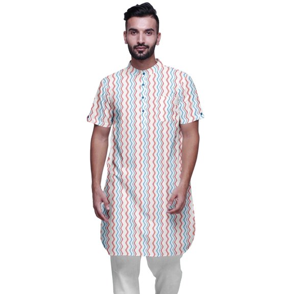 Atasi Mens Summer Kurta Shirt Printed Long Kurta Cotton Cambric Ethnic Shirt