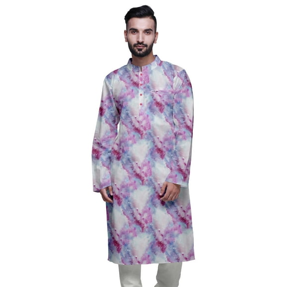 Atasi Mens Summer Kurta Shirt Printed Long Kurta Cotton Poplin Ethnic Shirt