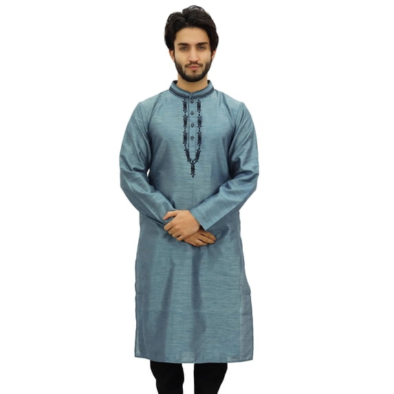 Atasi Part Wear Men's Long Dupion Band Collar Gray Shirt Tunic-XXX-Large