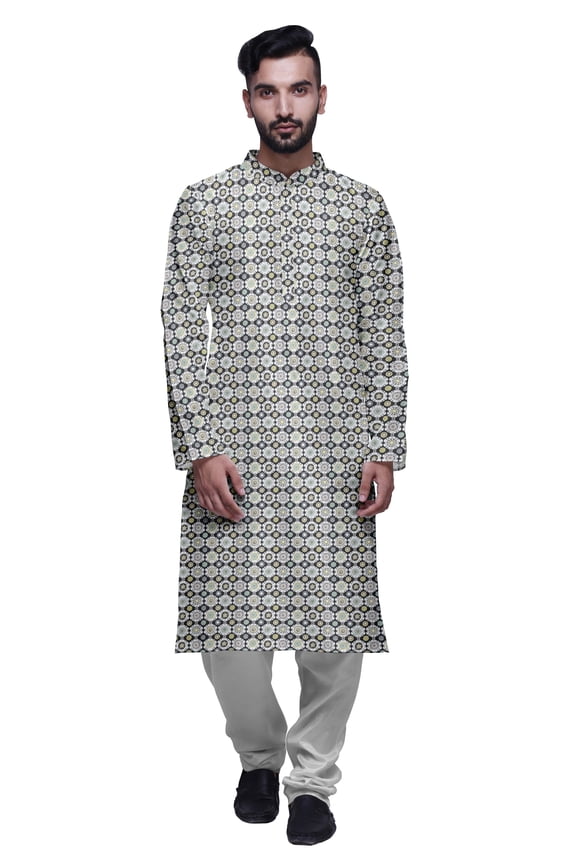 Party Wear Kurta Pajama For Men Mandarin Collar Ethnic Printed Kurta Set