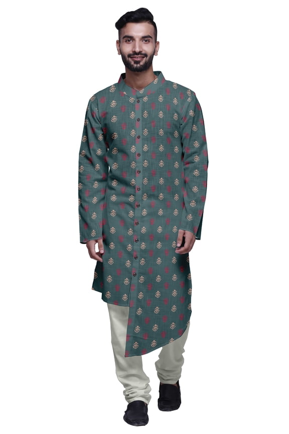 Party Wear Kurta Set For Men Mandarin Collar Ethnic Printed Kurta Pajama