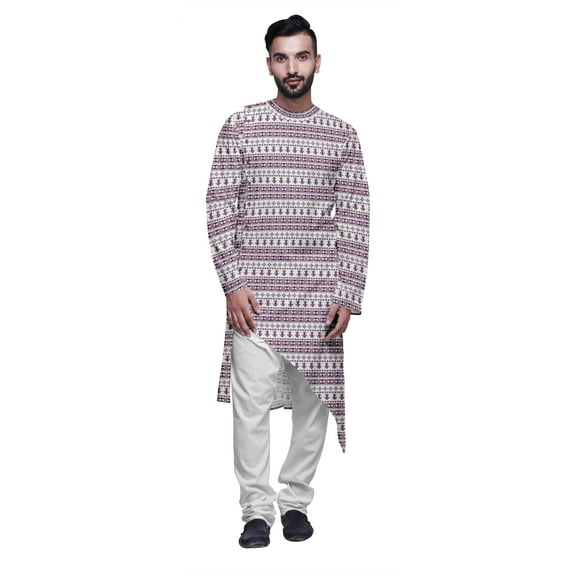 Atasi Printed Ethnic Kurta With White Churidar Pajama Set For Men Summer Wear
