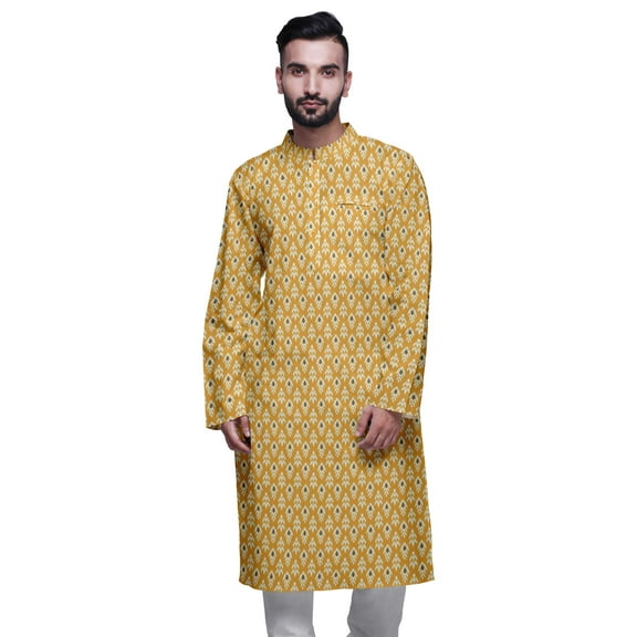 Atasi Printed Kurta For Men Mandarin Collar Cotton Poplin Casual Kurta Shirt
