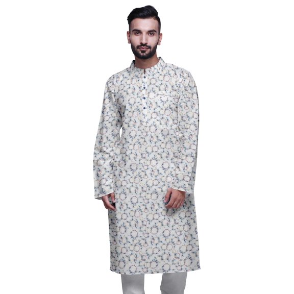Atasi Printed Kurta For Men Mandarin Collar Cotton Poplin Casual Kurta Shirt