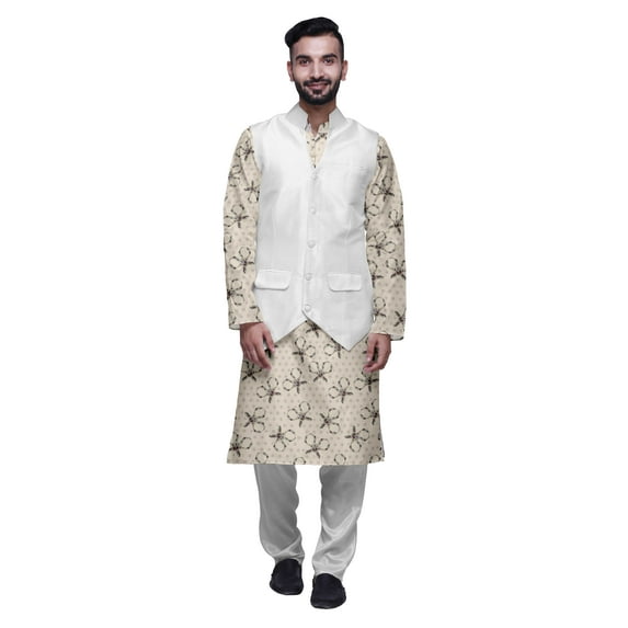 Atasi Printed Kurta Pajama Jacket Set Mandarin Collar Traditional Ethnic Shirt