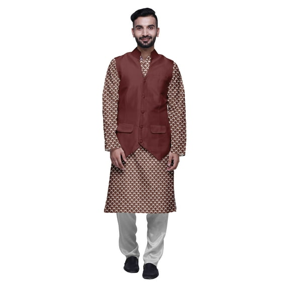 Atasi Printed Kurta Pajama Jacket Set Mandarin Collar Traditional Ethnic Shirt