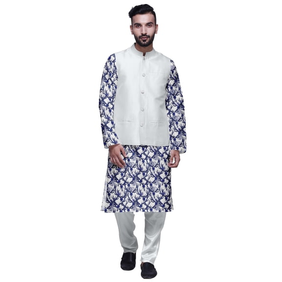 Atasi Printed Kurta With Solid Pajama & Nehru Jacket Set For Mens Party Wear