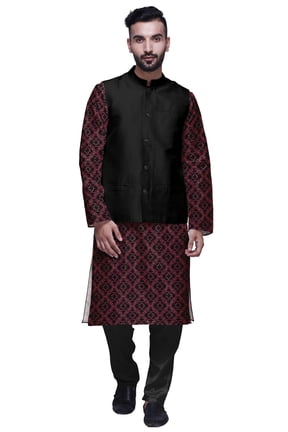 Printed Kurta With Solid Pajama & Nehru Jacket Set For Mens Party Wear