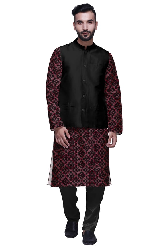 Printed Kurta With Solid Pajama & Nehru Jacket Set For Mens Party Wear