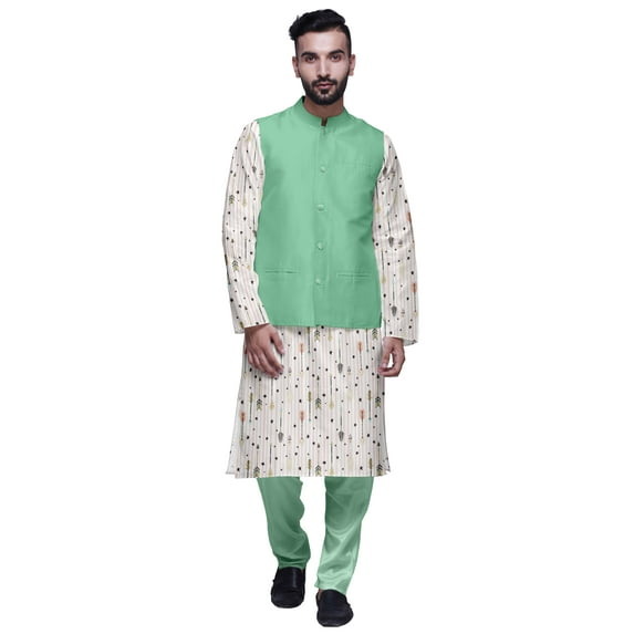 Atasi Printed Kurta With Solid Pajama & Nehru Jacket Set For Mens Party Wear