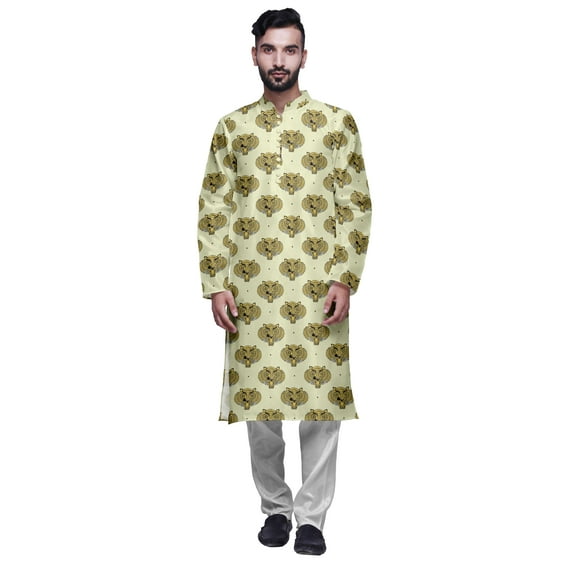 Atasi Printed Long Kurta For Men With White Churidar Pyjama Set Traditional Wear