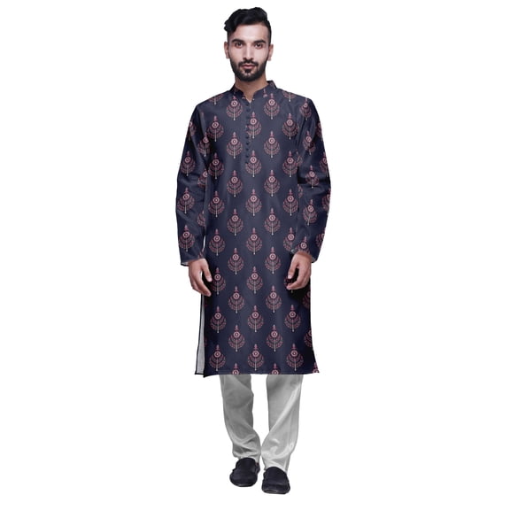 Atasi Printed Long Kurta For Men With White Churidar Pyjama Set Traditional Wear