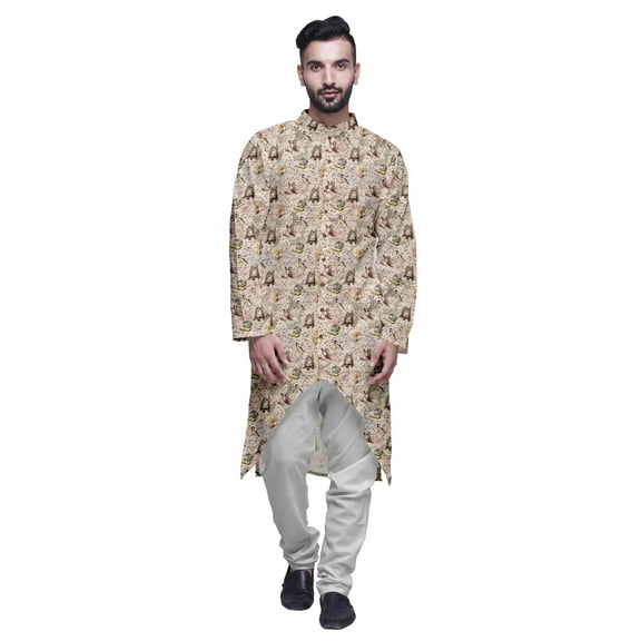 Atasi Printed Long Sleeve Kurta For Men Button Down Cotton Slub Ethnic Shirt