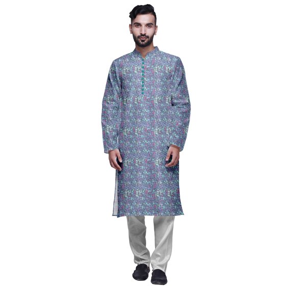 Atasi Printed Mens Kurta & White Churidar Pyjama Set Mandarin Neck Ethnic Wear