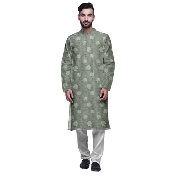 Atasi Printed Mens Kurta & White Churidar Pyjama Set Mandarin Neck Ethnic Wear