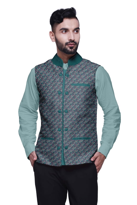 Printed Nehru Jacket Mens Bandhgala Ethnic Jacket Party Wear Wedding Clothing-XX-Large