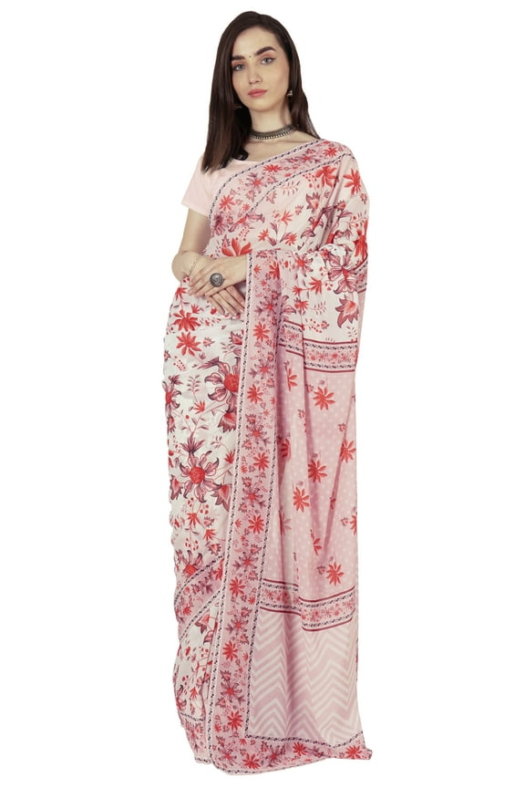 Printed Poly Georgette Saree For Womens Traditional Indian Wear Saree With Stitched Blouse