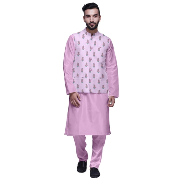 Atasi Solid Kurta Pajama & Printed Nehru Jacket Set For Mens Party Wear
