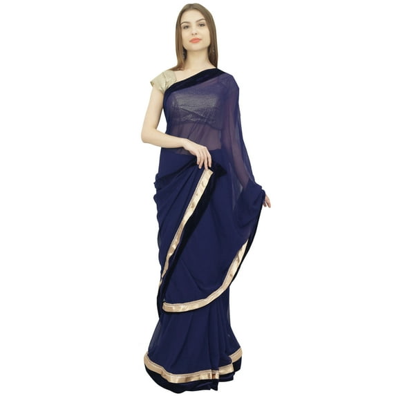 Atasi Solid Navy Blue Sari Designer Georgette Saree With Unstitched Blouse Piece