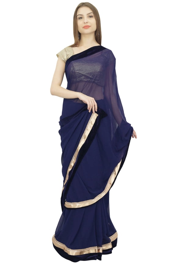 Solid Navy Blue Sari Designer Georgette Saree With Unstitched Blouse Piece