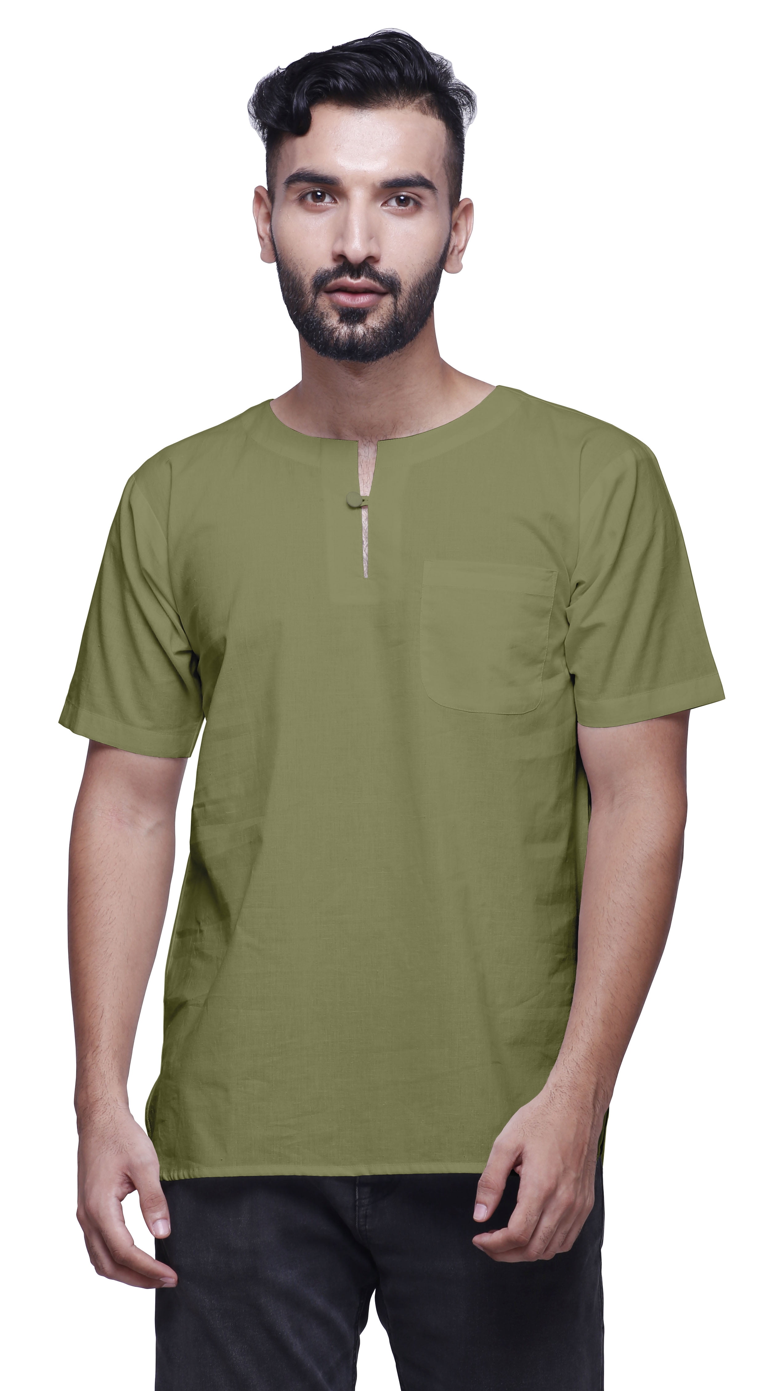 Atasi Men's Cotton Flex Kurta - Mandarin Collar Long Shirt With Side Pockets