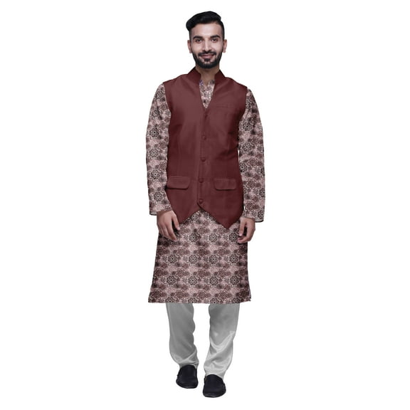 Atasi Traditional Printed Kurta Churidar Pajama Set With Nehru Jacket For Men