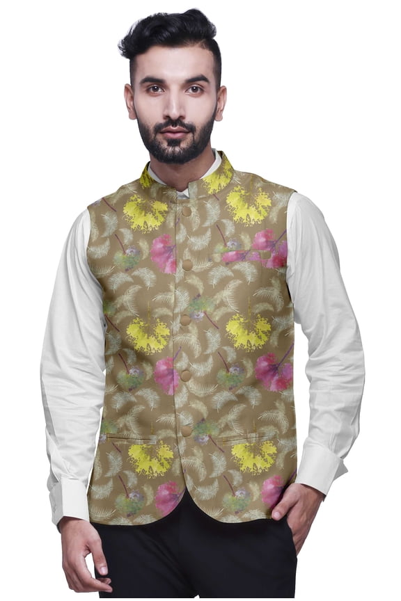 Watercolor Printed Wedding Jackets For Men Nehru Jacket Waist Coat For Festive Season-Medium