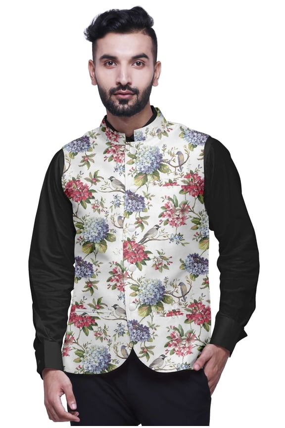 White Bird Printed Wedding Jackets For Men Nehru Jacket Waist Coat For Festive Season-XX-Large