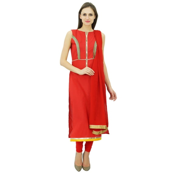 Atasi Women's Custom Stitched Red Cotton Straight Salwar Kameez With Dupatta Suit Set Indian Bollywood Chic Dress