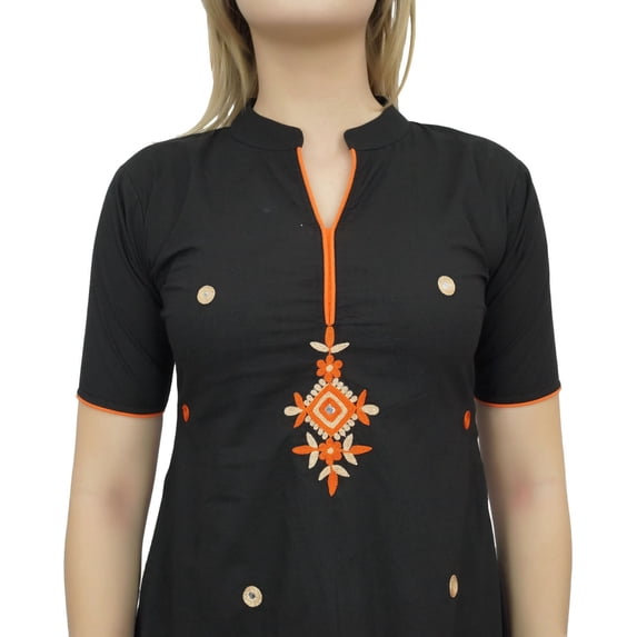 Atasi Women's Ethnic Black Cotton Embroidery A-Line Straight Kurti Clothing-4