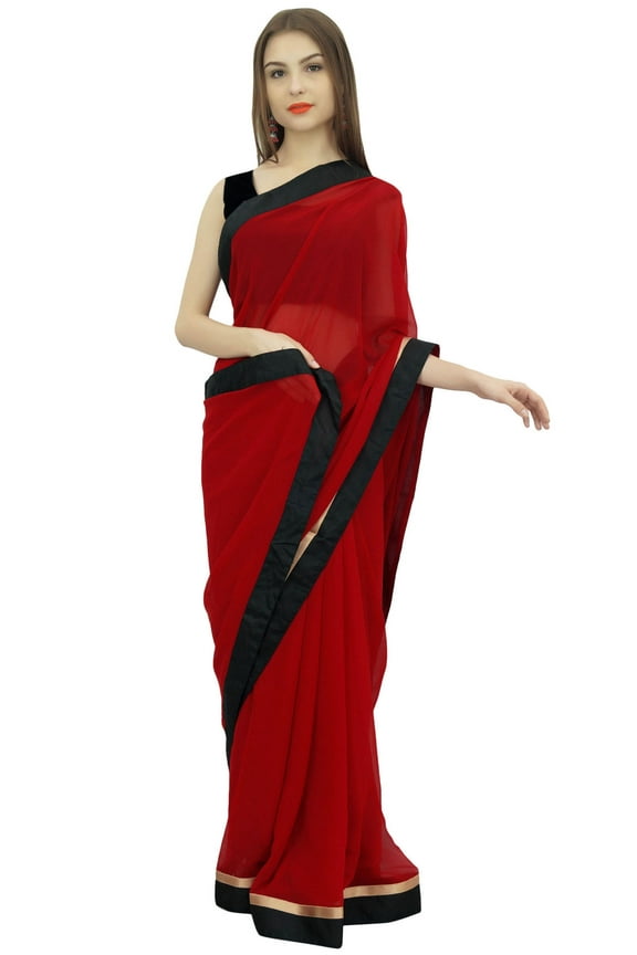 Women's Solid Maroon Indian Designer Georgette Saree With Blouse Piece