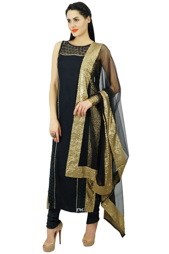 Womens Black Net Straight Kurti Salwaar Kameez with Dupatta Readymade
