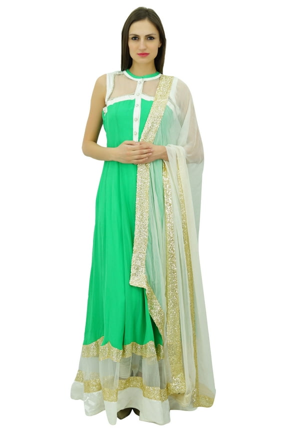 Womens Floor Length Dress Green Salwaar Kameez Ethnic Party Wear Dress