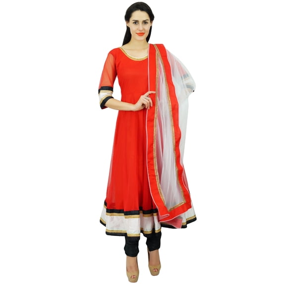Atasi Womens Readymade Red Net Salwaar Kameez with Designer Dupatta