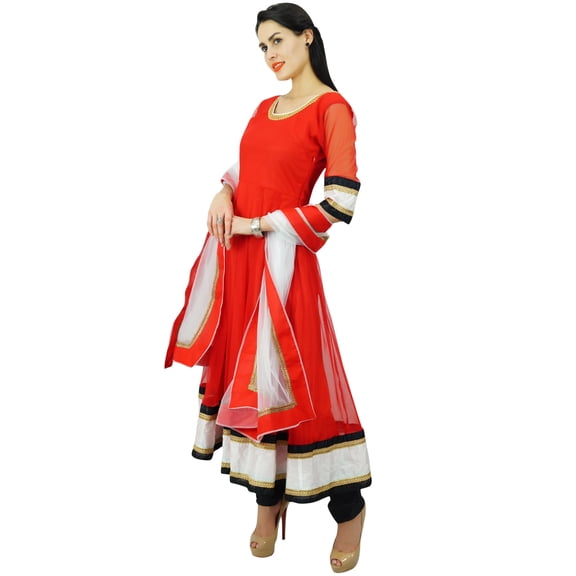 Atasi Womens Readymade Red Net Salwaar Kameez with Designer Dupatta