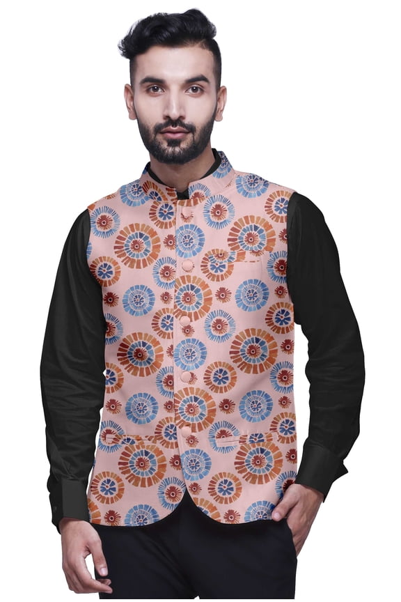 Your Pink Abstract Printed Wedding Jackets For Men Nehru Jacket Waist Coat For Festive Season-XX-Large
