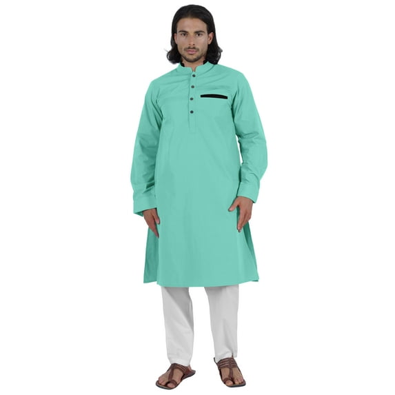 Atasi Men's Henley Welt Pocket Long Kurta Solid Indian Ethnic Wear Clothing For Men's