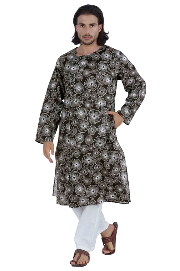  Printed Cotton Kurta for Mens Asymmetric Neck Ethnic Long Shirt Indian