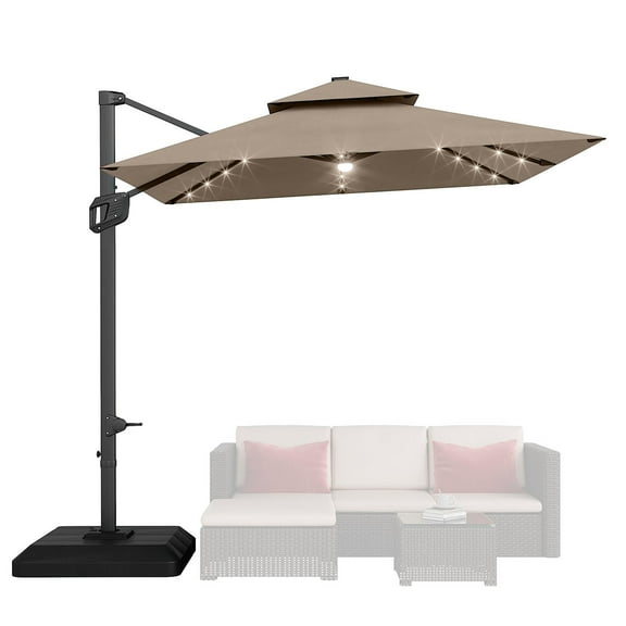 Ataucjin 10' x 10' Heavy Duty Square Solar Cantilever Umbrella, 2-Tier Aluminum Offset Outdoor Patio Umbrella with Weighted Base 360-Degree Rotation for Backyard, Deck, Pool