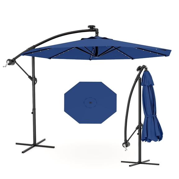 Ataucjin 10FT Offset Patio Umbrella with Solar LED Lights, Hanging Cantilever Umbrella Outdoor Sun Shade with Easy Tilt Adjustment, 8 Ribs, UV Protection for Backyard, Lawn, Garden and Pool
