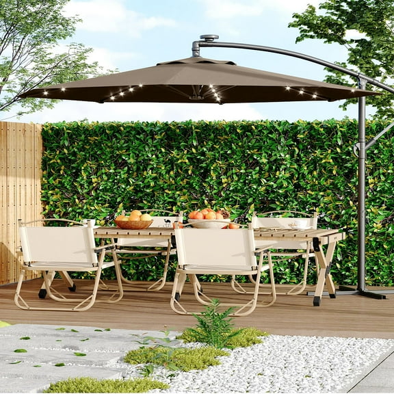 Ataucjin 10FT Offset Patio Umbrella with Solar LED Lights, Hanging Cantilever Umbrella Outdoor Sun Shade with Easy Tilt Adjustment, 8 Ribs, UV Protection for Backyard, Lawn, Garden and Pool