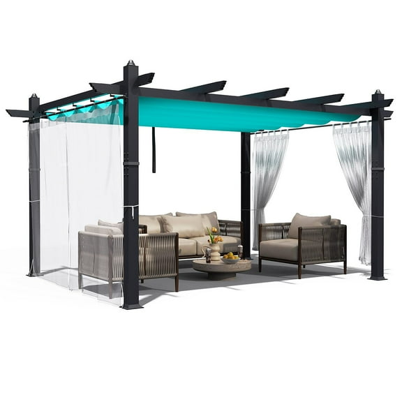 Ataucjin 10x10 Ft Outdoor Retractable Pergola with Canopy and Side Mesh Screen, Upgraded Gray Post Aluminum Pergola, Modern Pavilion for Backyard, Patio, Porch, Grape Trellis