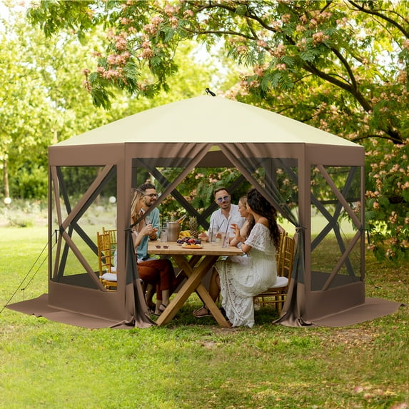 Ataucjin 10x10ft Camping Gazebo, Portable Pop Up Canopy Screen Tent 6 Sided with Mesh Windows and Carry Bag for Camping, Outdoor, Picnic, Backyard Party Outside Activities, Brown