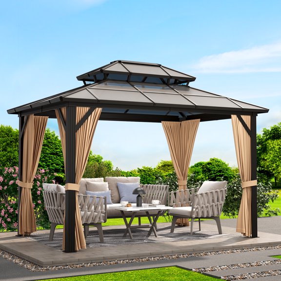 Ataucjin 10x12ft Hardtop Gazebo, Outdoor Polycarbonate Double Roof Canopy, Aluminum Frame Permanent Pavilion with Curtains and Netting, Sunshade for Garden, Patio, Lawns