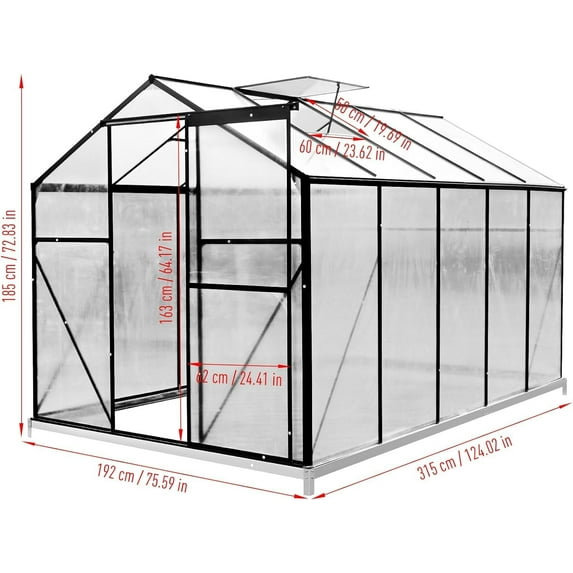 Ataucjin 10x6 FT Greenhouse for Outdoors with Sliding Door and Adjustable Vent Window, Outdoor Aluminum Polycarbonate Greenhouse for Outdoor, Portable Plant Garden Green House Kit